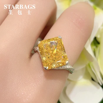 Най-високо качество 925 Сребърен жълт диамантен квадрат Диамантен пръстен с високо съдържание на въглерод диамантен пръстен женски квадратен диамантен пръстен украшение