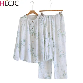 Нов печат ежедневни пижама комплекти жени кръг врата нощно облекло пролет есен дълъг ръкав ластик панталон домашно облекло домашни дрехи