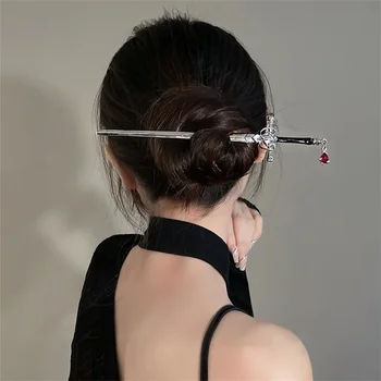 Нов рубинен висулка китайски стил древен меч фиба прическа коса ястие аксесоари коса пръчки момичета фиба модерен мода