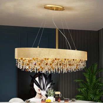 Нов стил модерна трапезария кристален полилей овален кухненски остров златен домашен декор Led луксозна кристална лампа дълга светлина