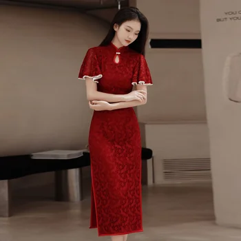 Нова червена лятна Cheongsam дамска нова дантела Slim Cheongsam рокля в китайски стил 2023 Qipao за жени