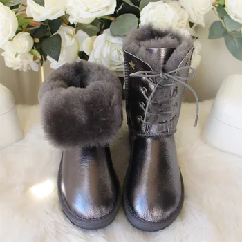 Нови класически дамски обувки висококачествени водоустойчиви истински овча кожа сняг ботуши зимни топли истински вълнени дамски ботуши