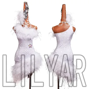 Ново състезание по латино танци Възрастен снежанка перо наклонена рамо флаш диамант персонализирани висок клас танц пола