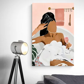 Релаксиращи черни жени във вана Отпечатъци Платно Изкуство Стенопис Модерни минималистични фигури Плакат Всекидневна Начало Декор Картини