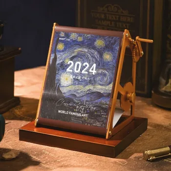 Ръчно извит механичен календар, 2024 Арт живопис с маслени бои календар, настолна декорация дървена бюро календар подарък