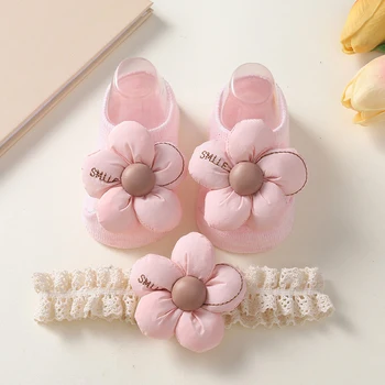 Сладки цветя Бебе момичета лента за глава + чорапи комплект новородени момичета сладко малко дете принцеса чорап есен бебе памук чорапи