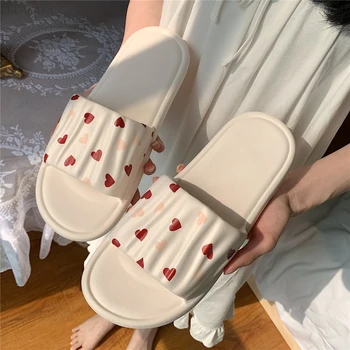 сърце жени чехли прекрасни момичета плоски пързалки обувки баня отворени отворени пръсти джапанки меки нехлъзгащи чехъл сандали Zapatillas Mujer