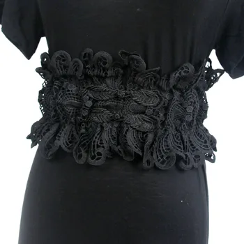 Черна дантела плетене на една кука кухи ленти за талията за жени елегантен цвете дантела ластик колани широк корсет Strech Cinturon Mujer