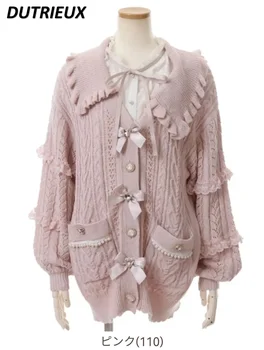 японски Лолита сладък дантела лък трикотажен пуловер палто жени пролет есента балон дълъг ръкав подвижна яка жилетка пуловери