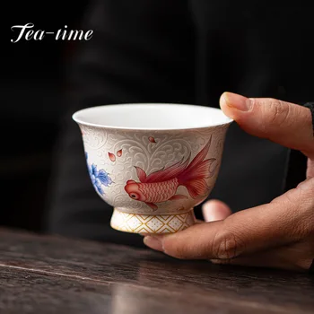 90ml висок клас сребро прищипани Koi керамични майстор чаша ръчно изработени лична чаша високо крак майстор чаша кунг-фу чайна церемония колекция