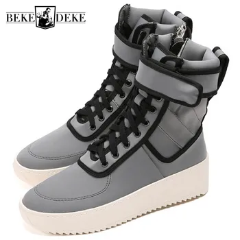 Street Style Silver Leather High-Top Shoes Men Platform Side Zipper Fashion Ankle Boots High Street Military Shoes Размер 45 46